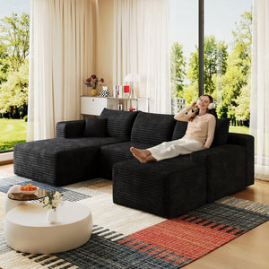 English Elm 95 Inch U Shaped Sectional Sofa with Ottoman in Plush Corduroy for Modern Living Black - A W2824S00273
