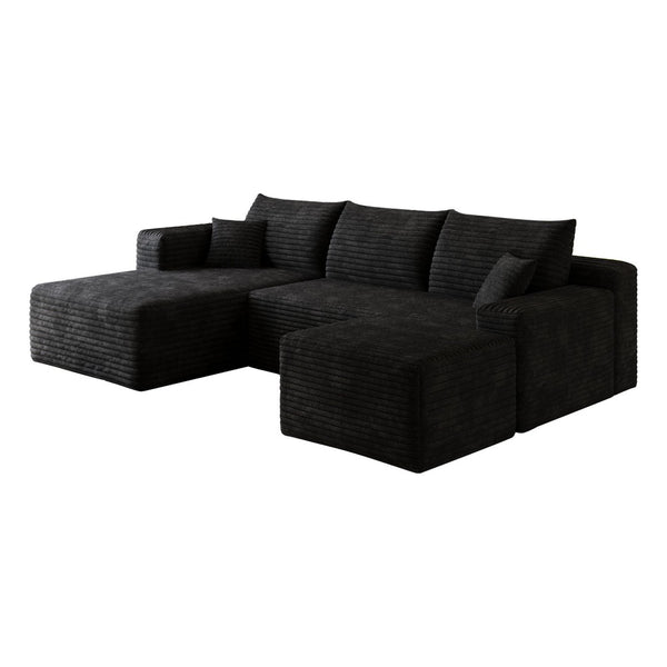 English Elm 95 Inch U Shaped Sectional Sofa with Ottoman in Plush Corduroy for Modern Living Black - A W2824S00273