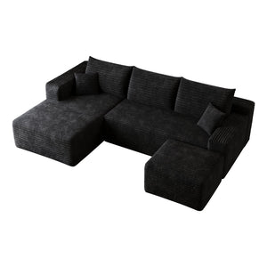 English Elm 95 Inch U Shaped Sectional Sofa with Ottoman in Plush Corduroy for Modern Living Black - A W2824S00273
