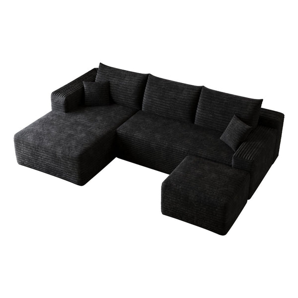 English Elm 95 Inch U Shaped Sectional Sofa with Ottoman in Plush Corduroy for Modern Living Black - A W2824S00273