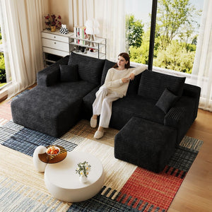 English Elm 95 Inch U Shaped Sectional Sofa with Ottoman in Plush Corduroy for Modern Living Black - A W2824S00273