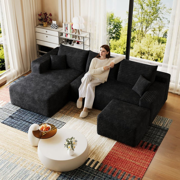 English Elm 95 Inch U Shaped Sectional Sofa with Ottoman in Plush Corduroy for Modern Living Black - A W2824S00273