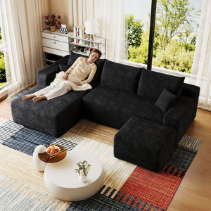 English Elm 95 Inch U Shaped Sectional Sofa with Ottoman in Plush Corduroy for Modern Living Black - A W2824S00273