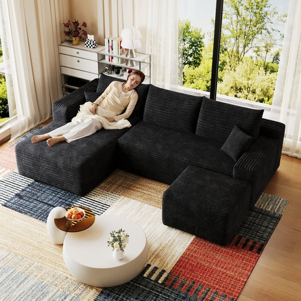English Elm 95 Inch U Shaped Sectional Sofa with Ottoman in Plush Corduroy for Modern Living Black - A W2824S00273