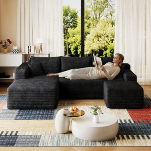 English Elm 95 Inch U Shaped Sectional Sofa with Ottoman in Plush Corduroy for Modern Living Black - A W2824S00273