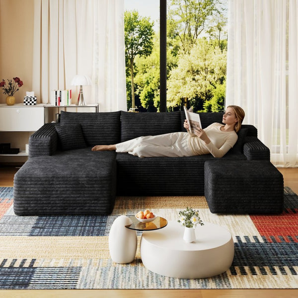 English Elm 95 Inch U Shaped Sectional Sofa with Ottoman in Plush Corduroy for Modern Living Black - A W2824S00273