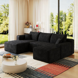English Elm 95 Inch U Shaped Sectional Sofa with Ottoman in Plush Corduroy for Modern Living Black - A W2824S00273