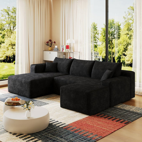 English Elm 95 Inch U Shaped Sectional Sofa with Ottoman in Plush Corduroy for Modern Living Black - A W2824S00273