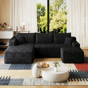 English Elm 95 Inch U Shaped Sectional Sofa with Ottoman in Plush Corduroy for Modern Living Black - A W2824S00273