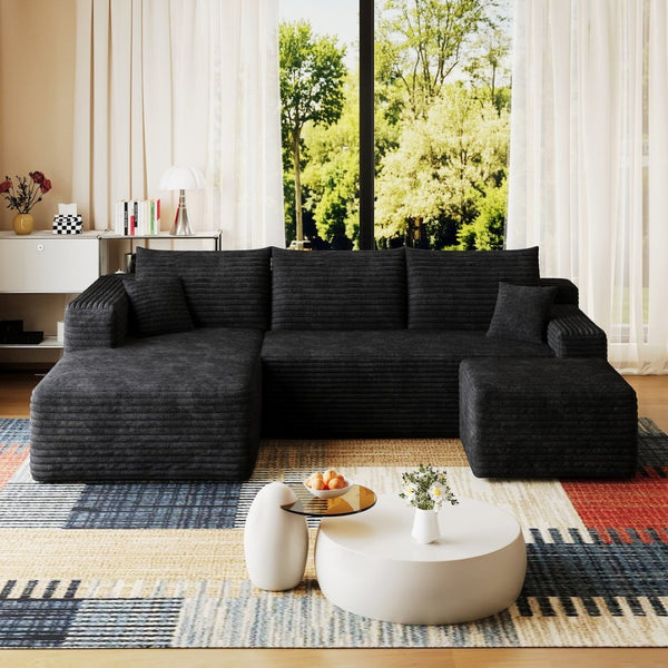English Elm 95 Inch U Shaped Sectional Sofa with Ottoman in Plush Corduroy for Modern Living Black - A W2824S00273