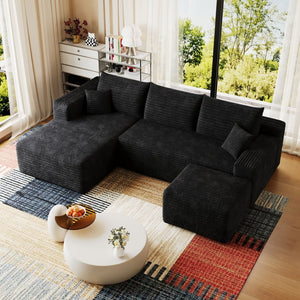 English Elm 95 Inch U Shaped Sectional Sofa with Ottoman in Plush Corduroy for Modern Living Black - A W2824S00273