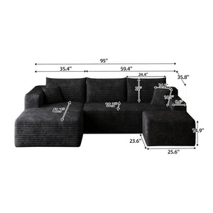 English Elm 95 Inch U Shaped Sectional Sofa with Ottoman in Plush Corduroy for Modern Living Black - A W2824S00273