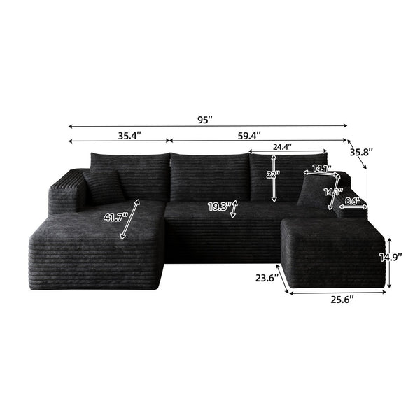 English Elm 95 Inch U Shaped Sectional Sofa with Ottoman in Plush Corduroy for Modern Living Black - A W2824S00273