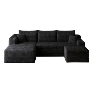 English Elm 95 Inch U Shaped Sectional Sofa with Ottoman in Plush Corduroy for Modern Living Black - A W2824S00273