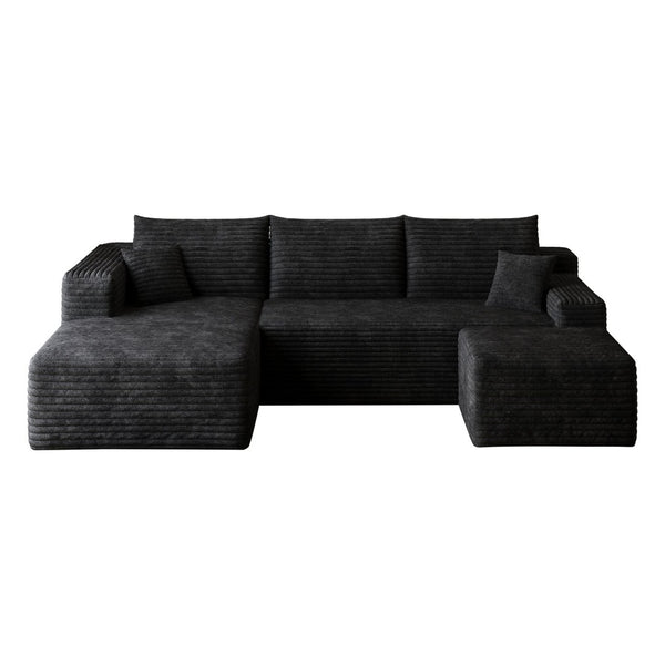 English Elm 95 Inch U Shaped Sectional Sofa with Ottoman in Plush Corduroy for Modern Living Black - A W2824S00273