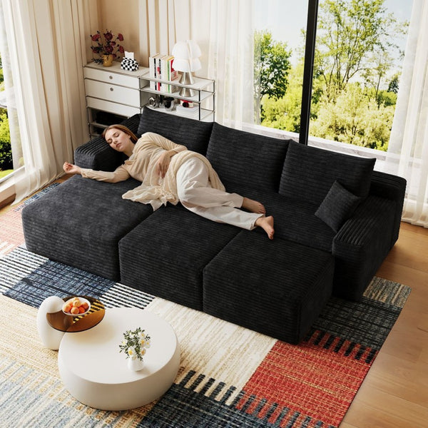 English Elm 95 Inch U Shaped Sectional Sofa with Plush Corduroy Deep Seat and Two Ottomans W2824S00274