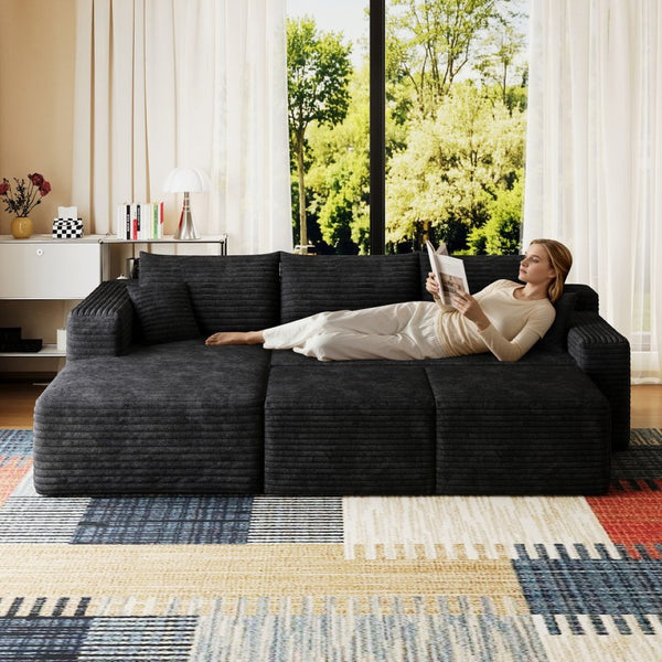 English Elm 95 Inch U Shaped Sectional Sofa with Plush Corduroy Deep Seat and Two Ottomans W2824S00274