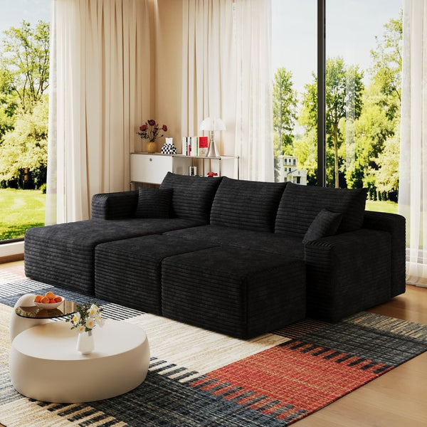 English Elm 95 Inch U Shaped Sectional Sofa with Plush Corduroy Deep Seat and Two Ottomans W2824S00274