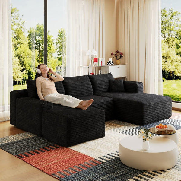 English Elm 95 Inch U Shaped Sectional Sofa with Ottoman in Plush Corduroy for Modern Living Black - B W2824S00275