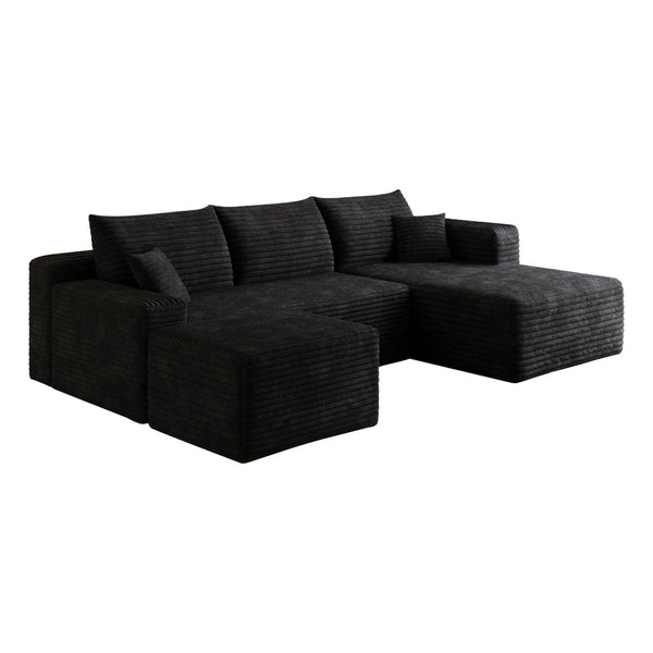 English Elm 95 Inch U Shaped Sectional Sofa with Ottoman in Plush Corduroy for Modern Living Black - B W2824S00275