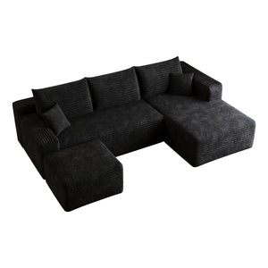 English Elm 95 Inch U Shaped Sectional Sofa with Ottoman in Plush Corduroy for Modern Living Black - B W2824S00275