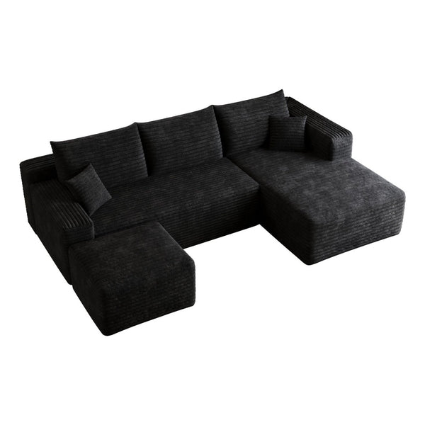 English Elm 95 Inch U Shaped Sectional Sofa with Ottoman in Plush Corduroy for Modern Living Black - B W2824S00275
