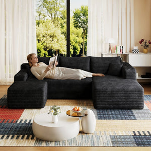 English Elm 95 Inch U Shaped Sectional Sofa with Ottoman in Plush Corduroy for Modern Living Black - B W2824S00275