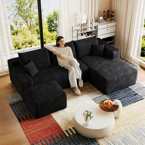 English Elm 95 Inch U Shaped Sectional Sofa with Ottoman in Plush Corduroy for Modern Living Black - B W2824S00275
