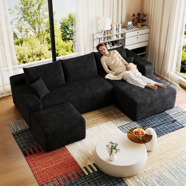 English Elm 95 Inch U Shaped Sectional Sofa with Ottoman in Plush Corduroy for Modern Living Black - B W2824S00275