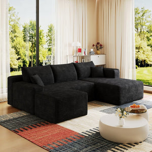 English Elm 95 Inch U Shaped Sectional Sofa with Ottoman in Plush Corduroy for Modern Living Black - B W2824S00275