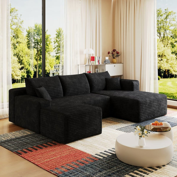 English Elm 95 Inch U Shaped Sectional Sofa with Ottoman in Plush Corduroy for Modern Living Black - B W2824S00275