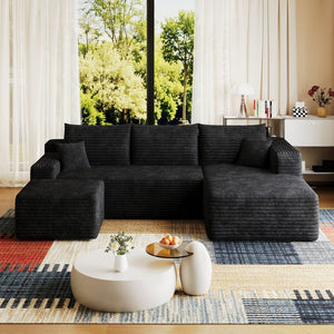 English Elm 95 Inch U Shaped Sectional Sofa with Ottoman in Plush Corduroy for Modern Living Black - B W2824S00275