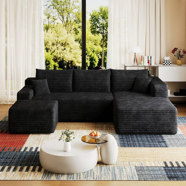 English Elm 95 Inch U Shaped Sectional Sofa with Ottoman in Plush Corduroy for Modern Living Black - B W2824S00275