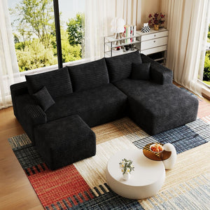 English Elm 95 Inch U Shaped Sectional Sofa with Ottoman in Plush Corduroy for Modern Living Black - B W2824S00275