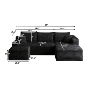 English Elm 95 Inch U Shaped Sectional Sofa with Ottoman in Plush Corduroy for Modern Living Black - B W2824S00275