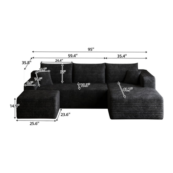 English Elm 95 Inch U Shaped Sectional Sofa with Ottoman in Plush Corduroy for Modern Living Black - B W2824S00275