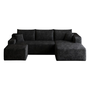 English Elm 95 Inch U Shaped Sectional Sofa with Ottoman in Plush Corduroy for Modern Living Black - B W2824S00275