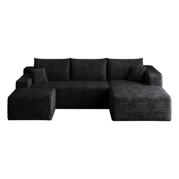 English Elm 95 Inch U Shaped Sectional Sofa with Ottoman in Plush Corduroy for Modern Living Black - B W2824S00275
