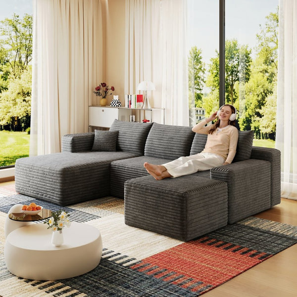 English Elm 95 Inch U Shaped Sectional Sofa with Ottoman in Plush Corduroy for Modern Living Dark Grey - A W2824S00277