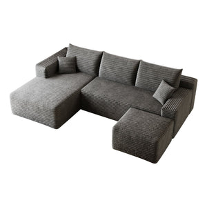 English Elm 95 Inch U Shaped Sectional Sofa with Ottoman in Plush Corduroy for Modern Living Dark Grey - A W2824S00277