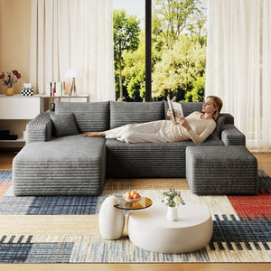 English Elm 95 Inch U Shaped Sectional Sofa with Ottoman in Plush Corduroy for Modern Living Dark Grey - A W2824S00277