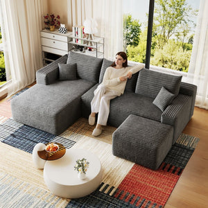 English Elm 95 Inch U Shaped Sectional Sofa with Ottoman in Plush Corduroy for Modern Living Dark Grey - A W2824S00277