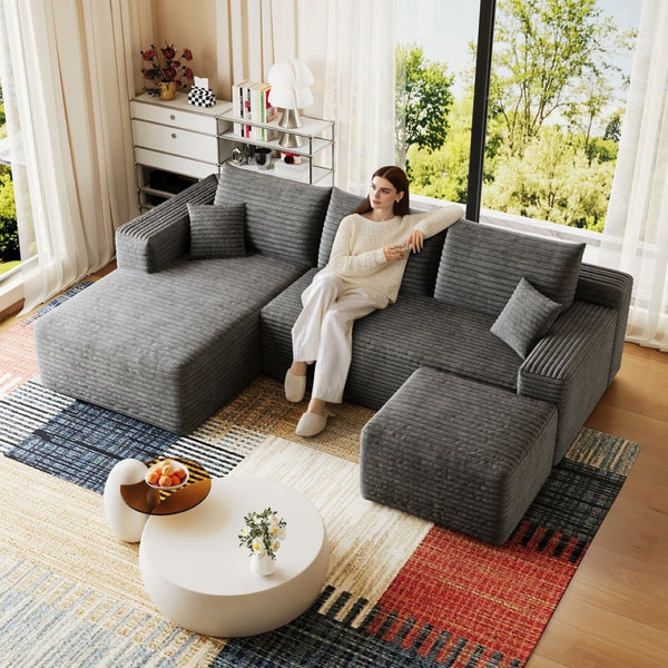 English Elm 95 Inch U Shaped Sectional Sofa with Ottoman in Plush Corduroy for Modern Living Dark Grey - A W2824S00277