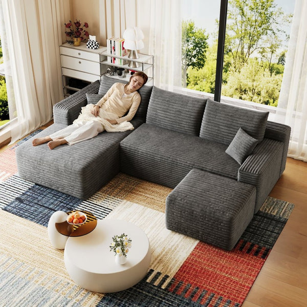 English Elm 95 Inch U Shaped Sectional Sofa with Ottoman in Plush Corduroy for Modern Living Dark Grey - A W2824S00277