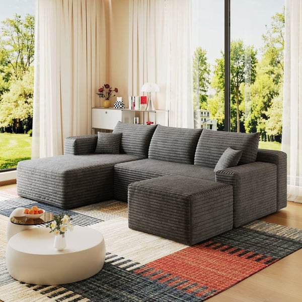 English Elm 95 Inch U Shaped Sectional Sofa with Ottoman in Plush Corduroy for Modern Living Dark Grey - A W2824S00277
