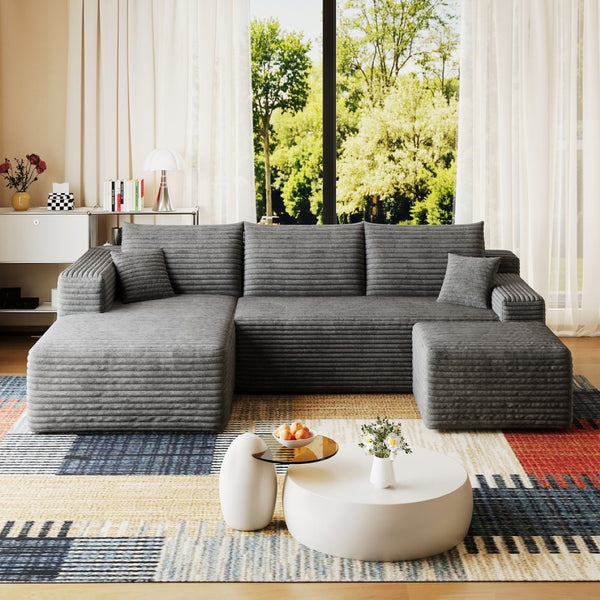 English Elm 95 Inch U Shaped Sectional Sofa with Ottoman in Plush Corduroy for Modern Living Dark Grey - A W2824S00277