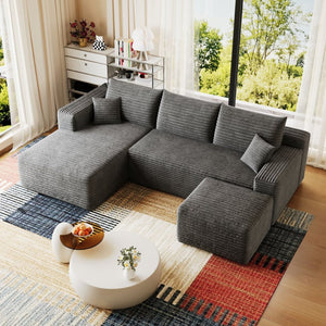 English Elm 95 Inch U Shaped Sectional Sofa with Ottoman in Plush Corduroy for Modern Living Dark Grey - A W2824S00277