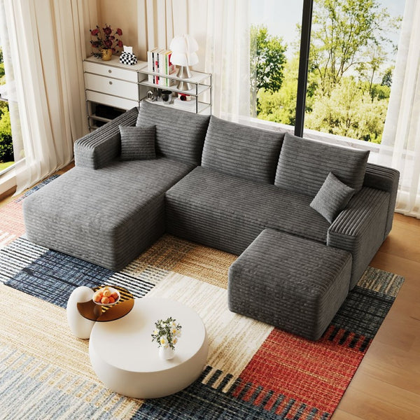 English Elm 95 Inch U Shaped Sectional Sofa with Ottoman in Plush Corduroy for Modern Living Dark Grey - A W2824S00277