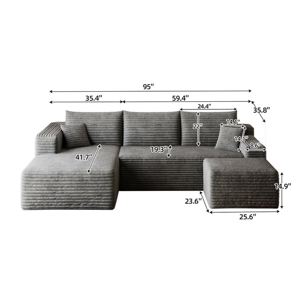 English Elm 95 Inch U Shaped Sectional Sofa with Ottoman in Plush Corduroy for Modern Living Dark Grey - A W2824S00277