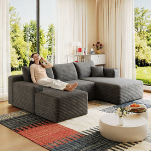 English Elm 95 Inch U Shaped Sectional Sofa with Ottoman in Plush Corduroy for Modern Living Dark Grey - B W2824S00279